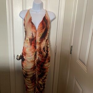 SHEIN Ruched Maxi Dress in Burnt Orange and Cream Swirl